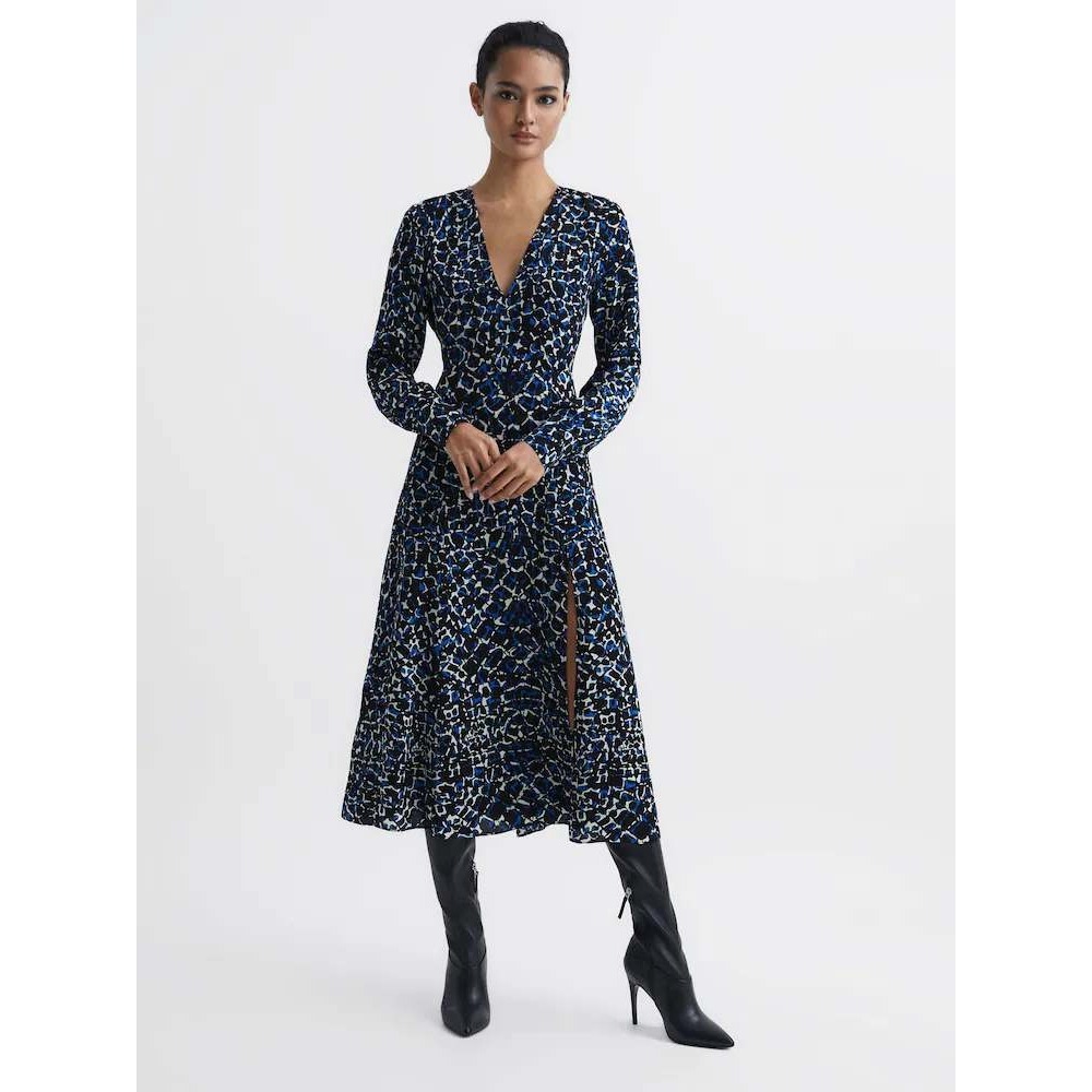 Reiss Greta Blue Abstract Print Long Sleeve Midi Dress Size 4 US 8 UK - Picture 5 of 14